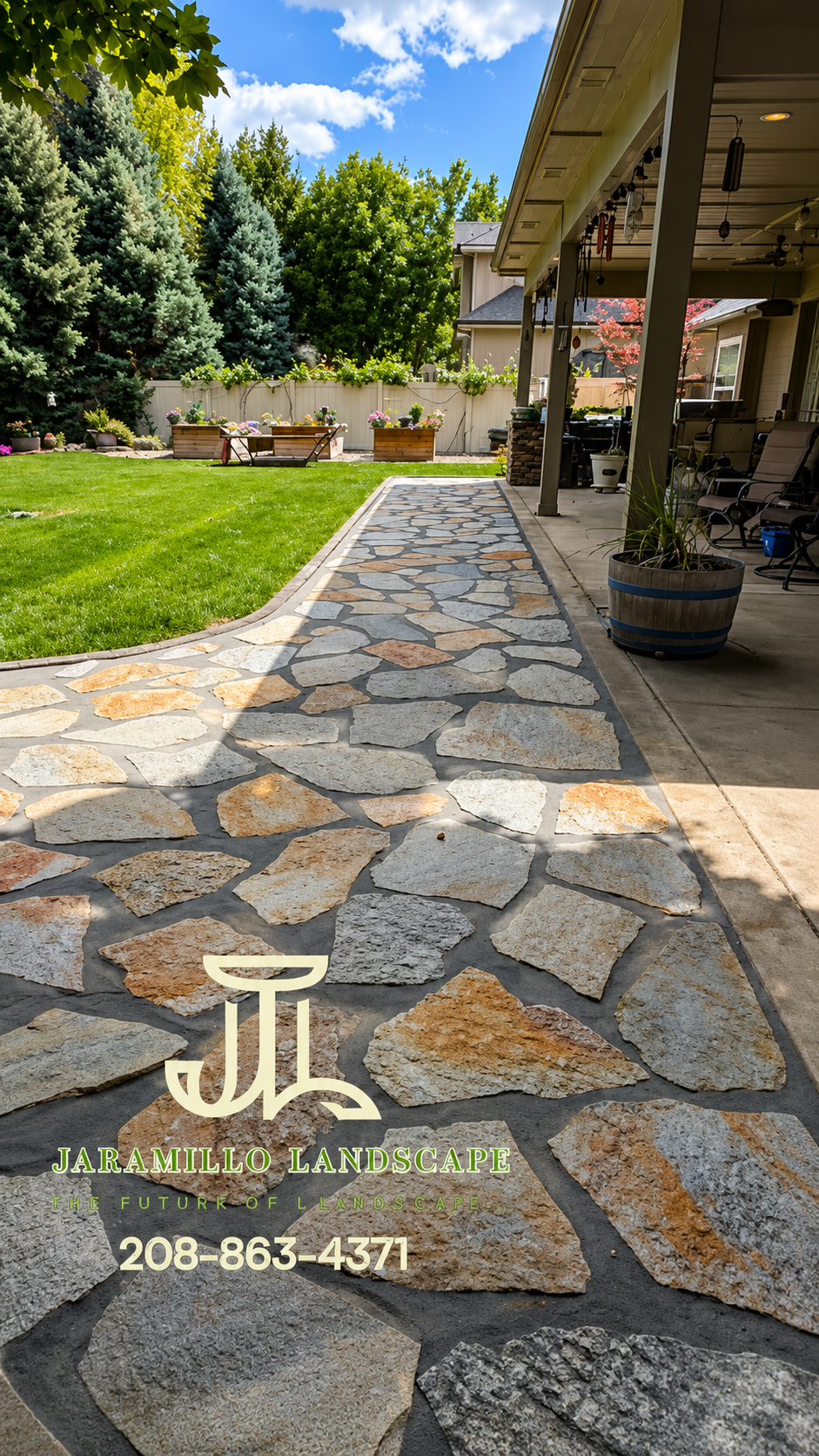 Flagstone walkway with natural stone and dark mortar